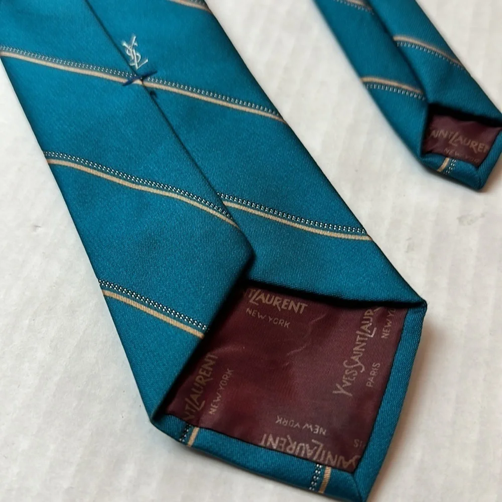 Vintage 1970s YSL Yves Saint Laurent Silk Tie Teal Gold Stripe Paris New York